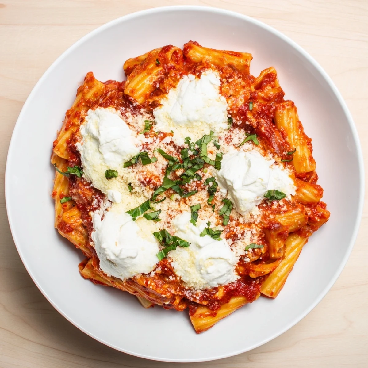 A close-up shot of steaming One-Pan Baked Ziti, perfect for a comforting Italian-American dinner.