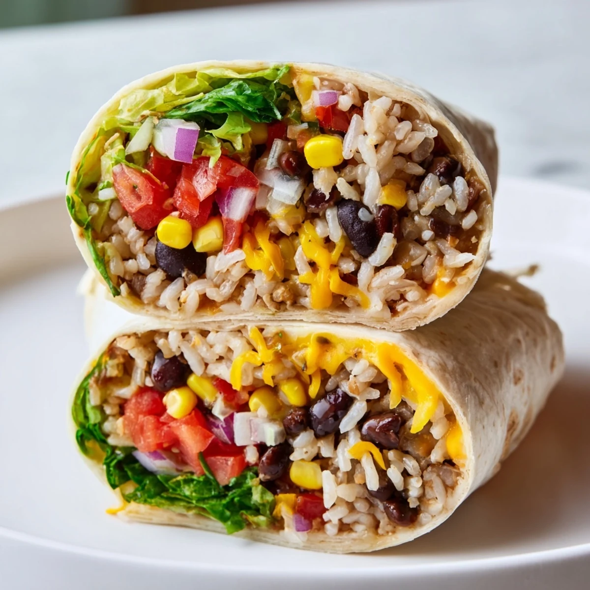 Warm, satisfying Rice & Bean Burritos; the tortilla holds a colorful mix of filling.