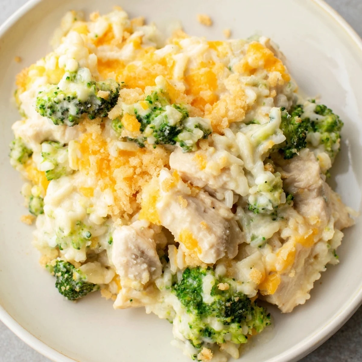 Warm, golden Chicken & Broccoli Rice Casserole bubbling in a baking dish, ready to serve with extra cheese.