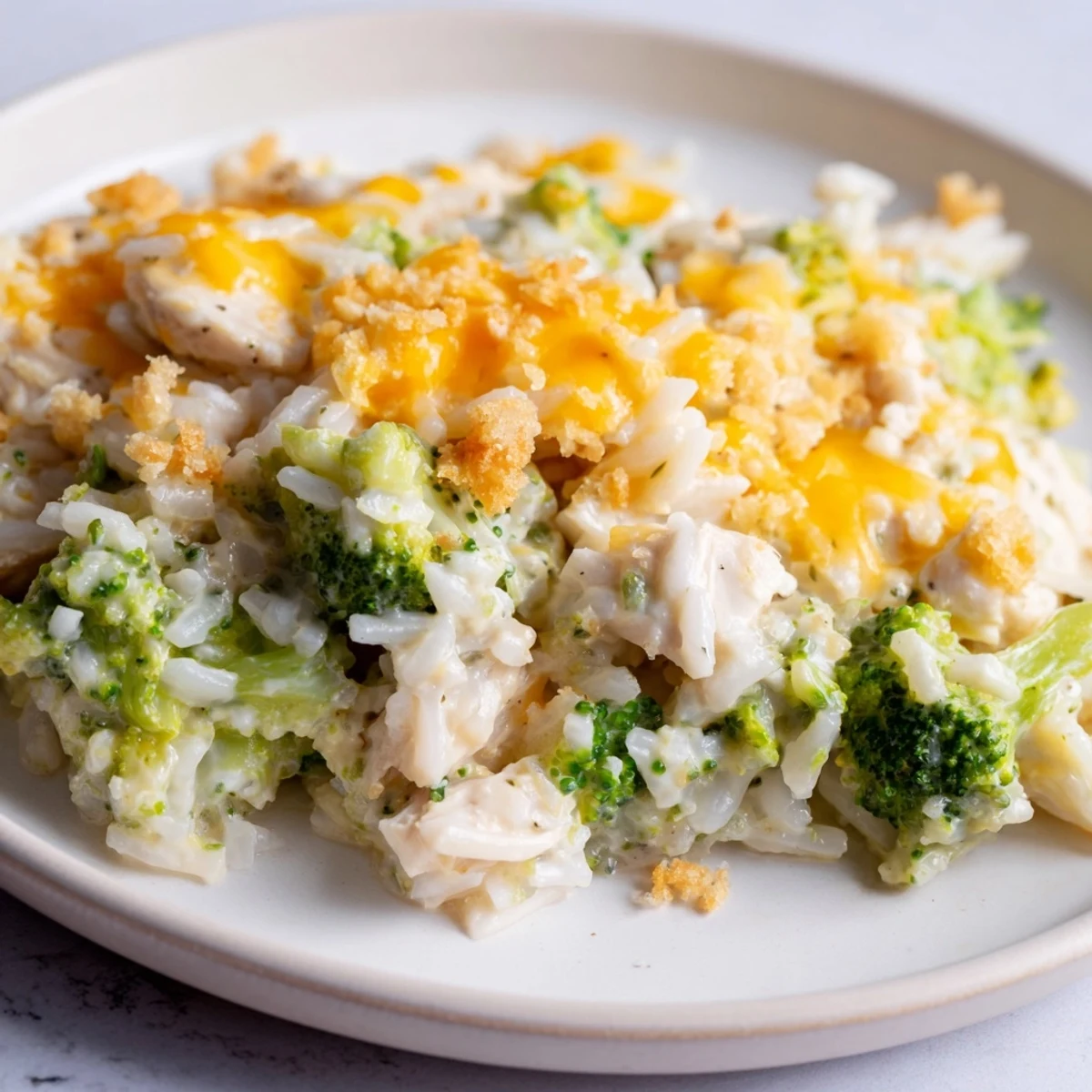A close-up view of creamy Chicken & Broccoli Rice Casserole, showcasing tender chicken and broccoli.