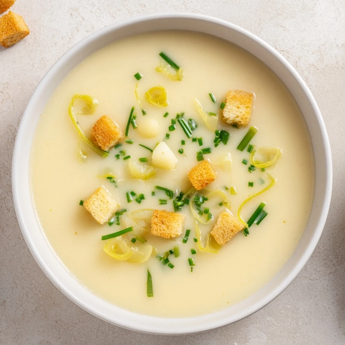 A steaming bowl of creamy Potato Leek Soup, garnished with vibrant green chives awaiting a taste.