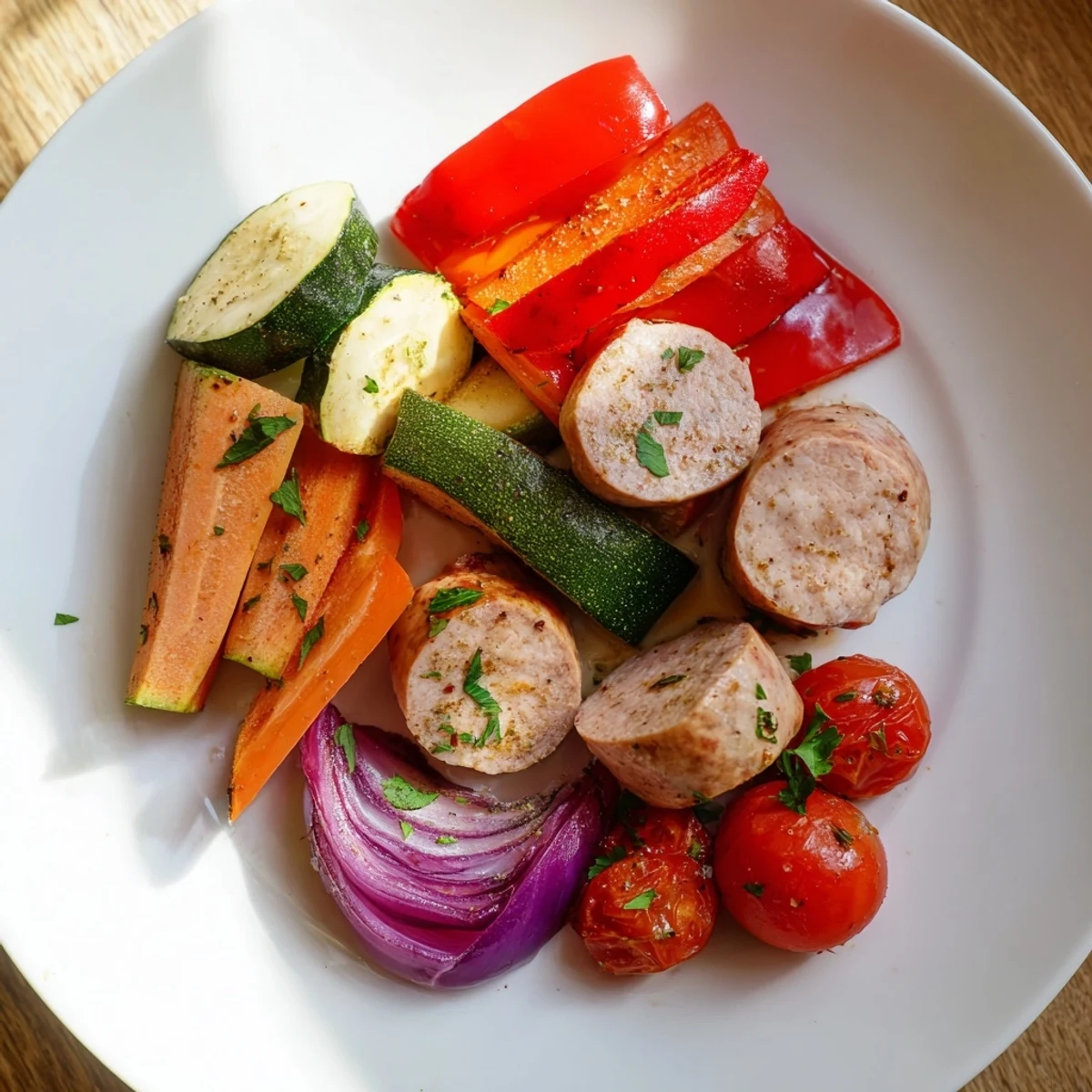 Sheet-pan roasted veggies and sausage: a colorful medley of roasted vegetables and savory sausage, ready to serve.