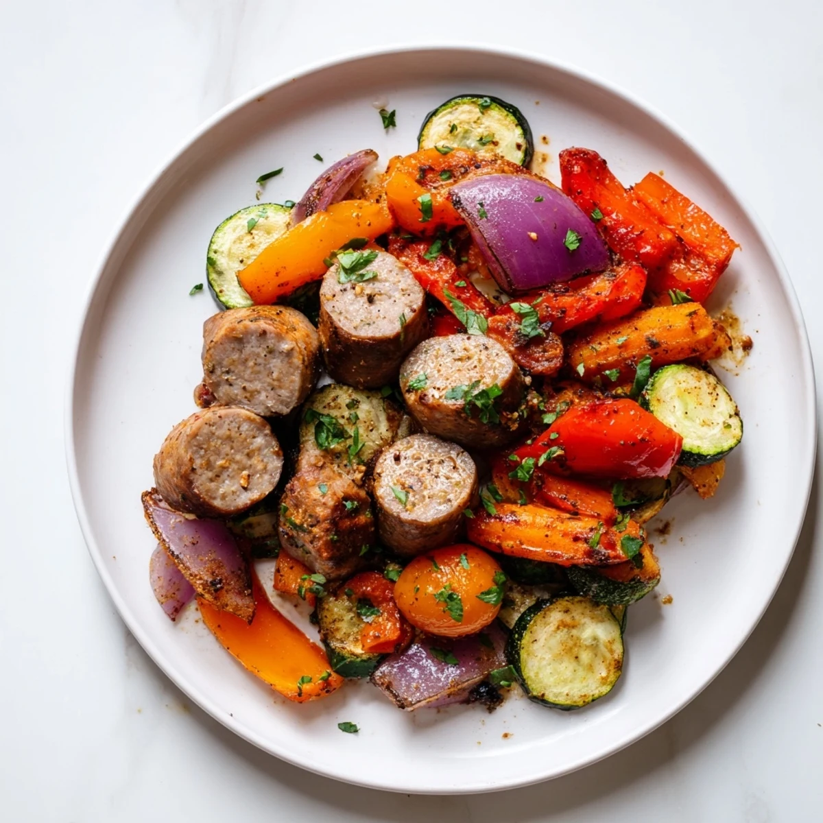 A close-up view of beautifully golden sheet-pan roasted veggies & sausage, perfectly roasted and ready to eat.