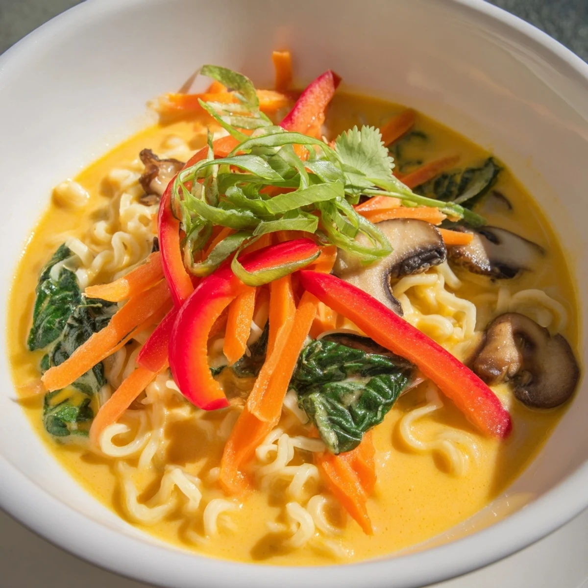 Steaming bowl of Curry Coconut Ramen with colorful vegetables and fresh cilantro garnish.