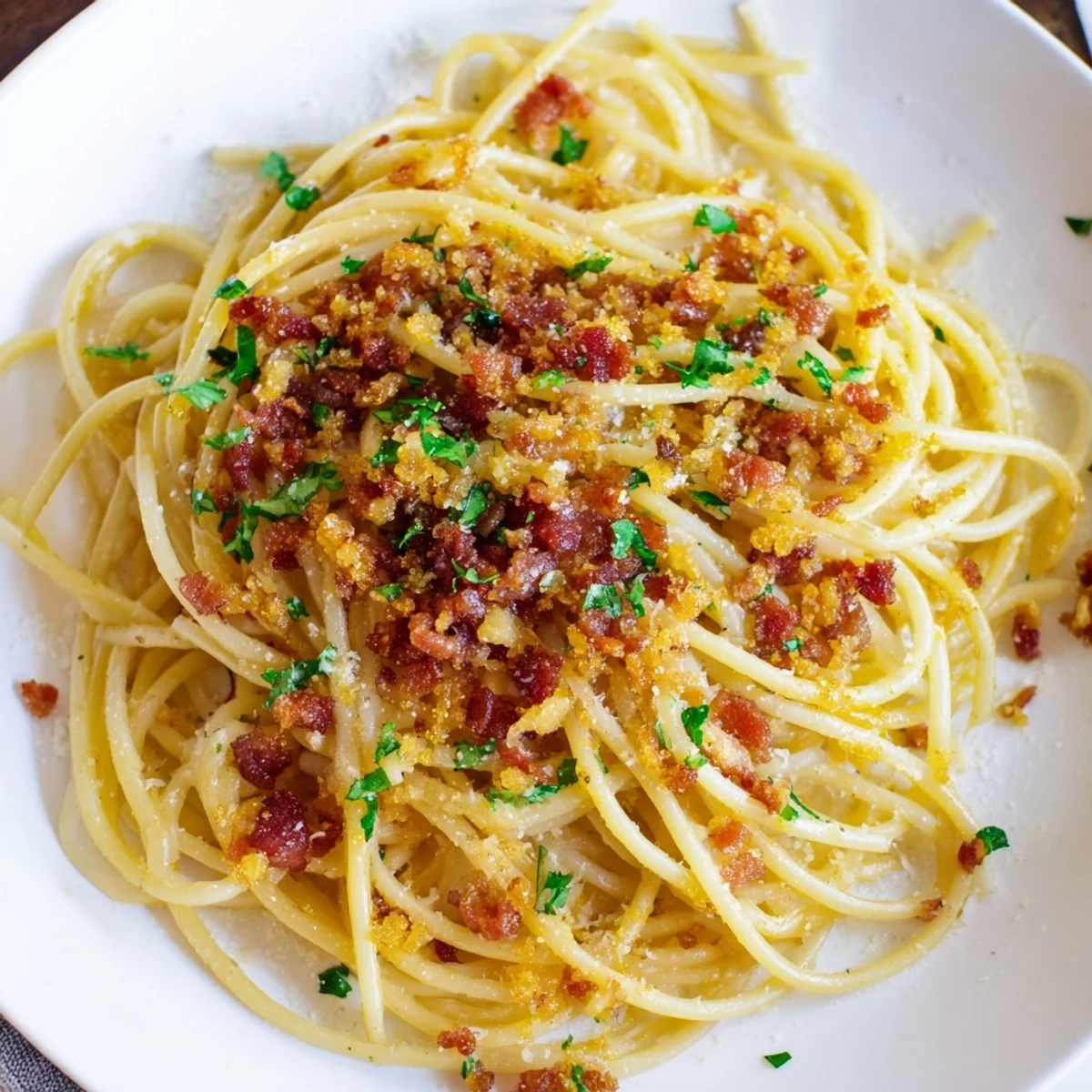A sizzling plate of Garlic Butter Pasta with crispy bacon, ready to savor its rich flavors.