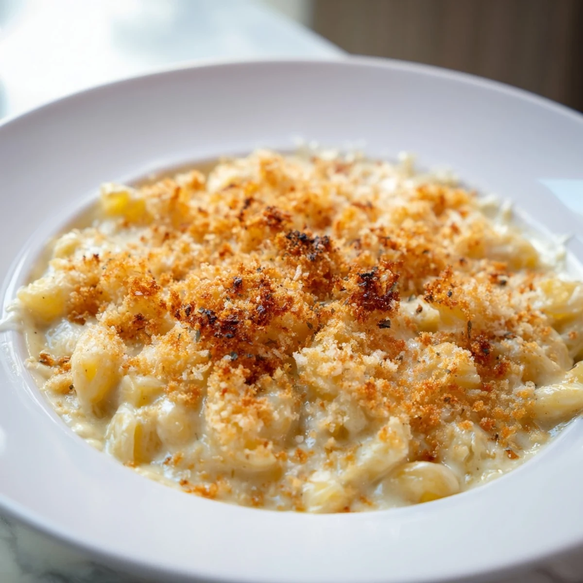 Golden, bubbly Baked Macaroni and Cheese with a crispy breadcrumb topping, ready to serve and share.