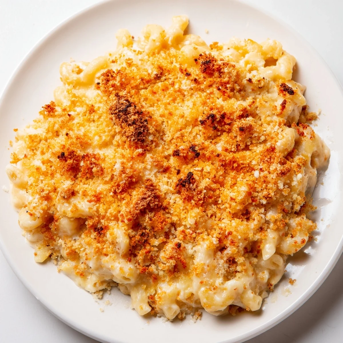 Close-up of baked macaroni and cheese, showcasing the creamy, cheese sauce and golden, crusty top.