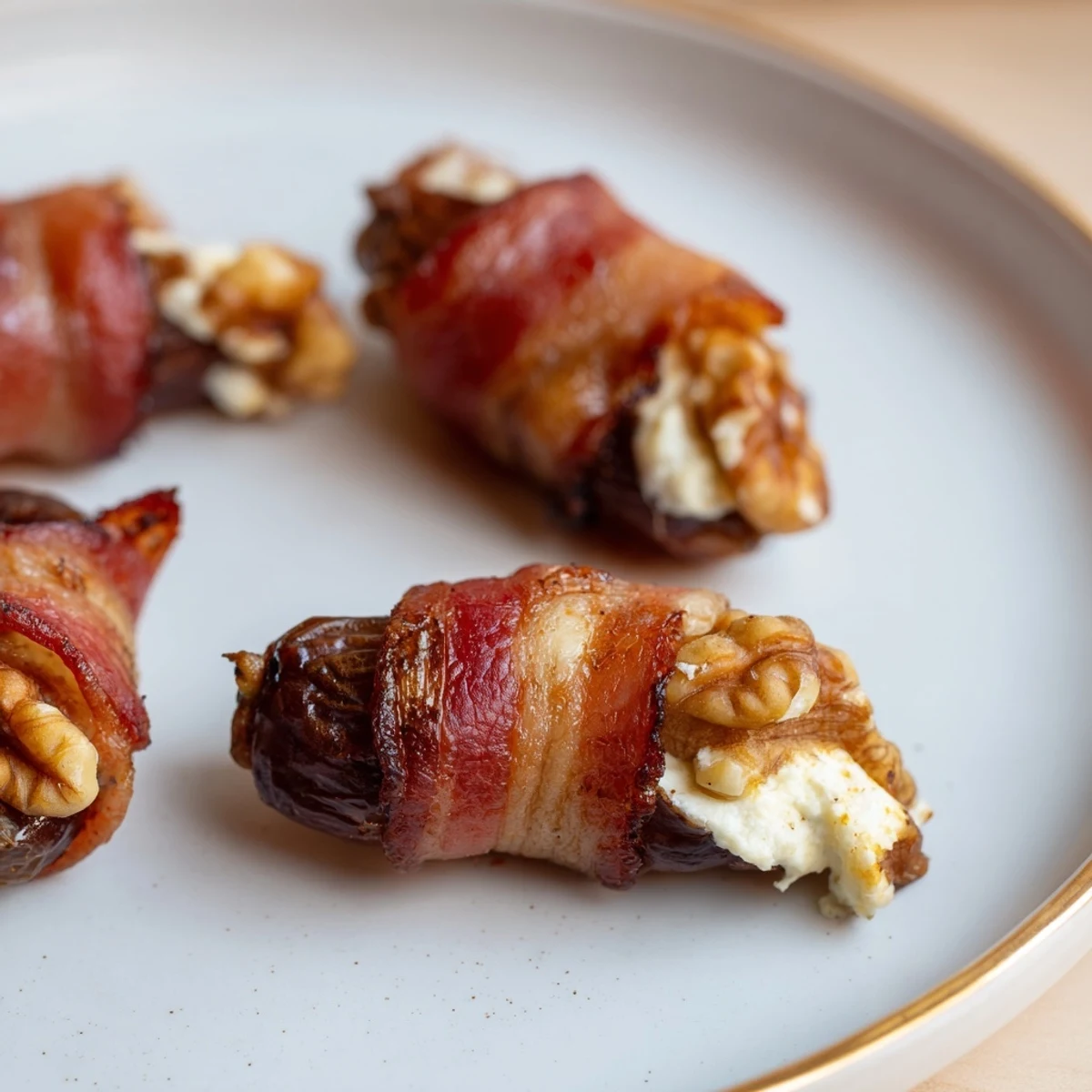 Golden-brown, bacon-wrapped dates reveal a creamy, walnut-filled center in this image.