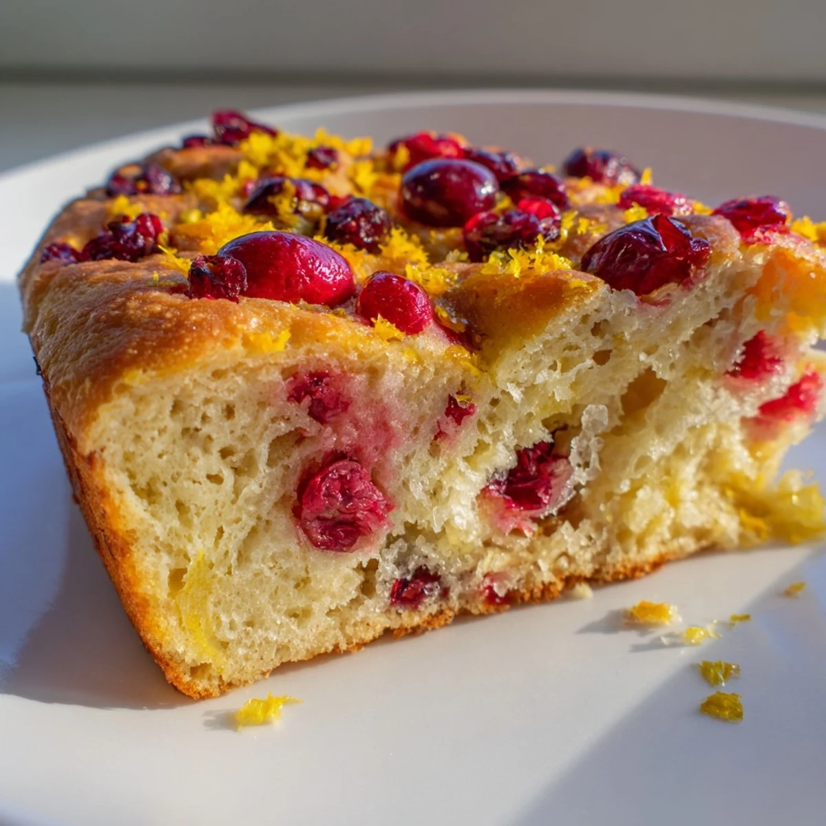 Golden-brown Cranberry Orange No-Knead Focaccia, dotted with bright cranberries and zesty orange bits.