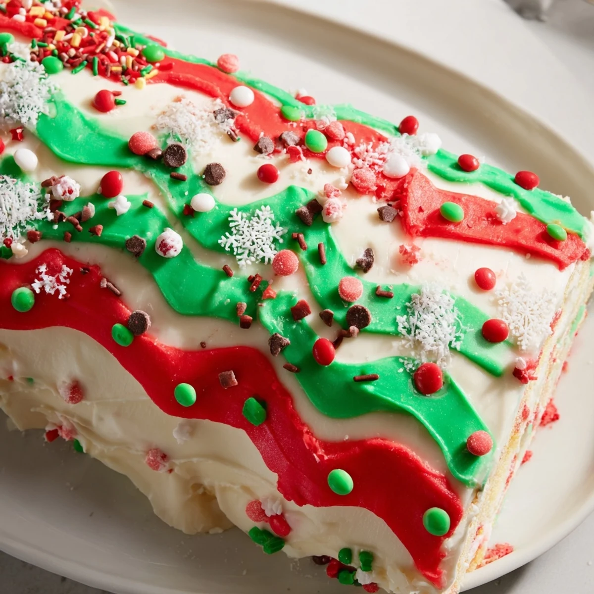 This decadent Ugly Sweater Cake Roll features vibrant frosting and candies; imagine the fun!