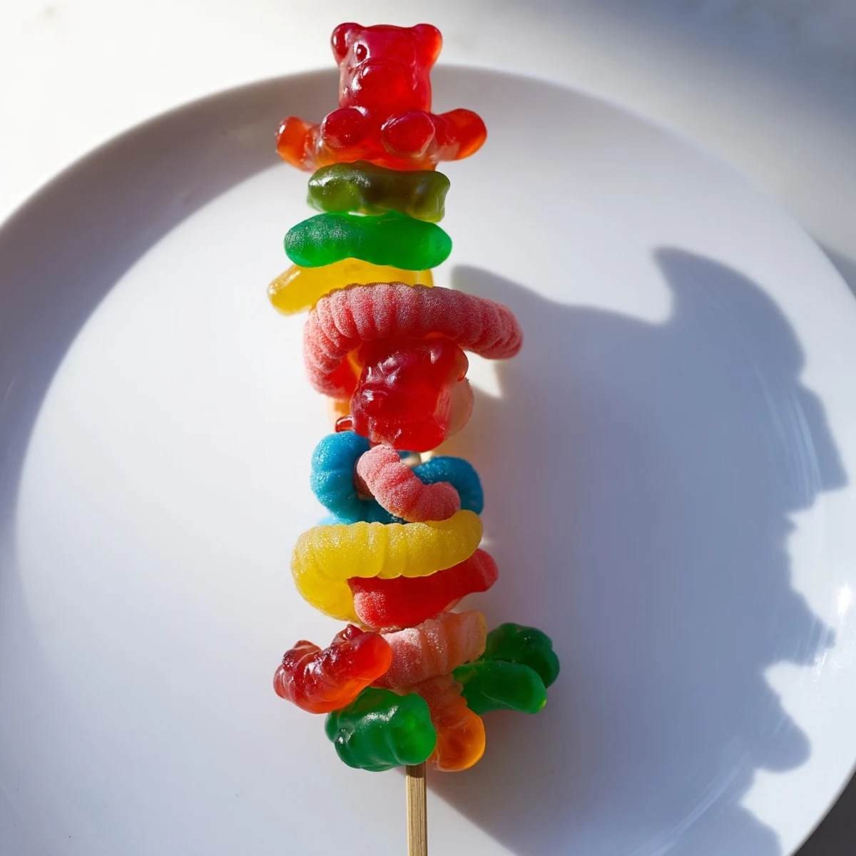 Vibrant gummy candy kabobs, skewered with colorful assortment of sweet treats for a quick dessert.