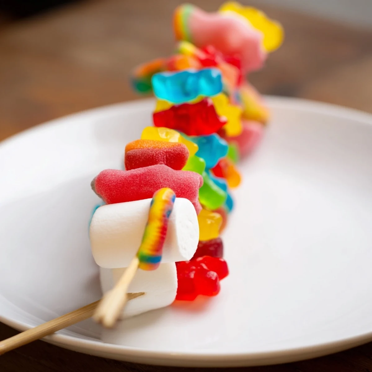 Close-up of a festive gummy candy kabobs display, ready to enjoy at the next celebration or party.
