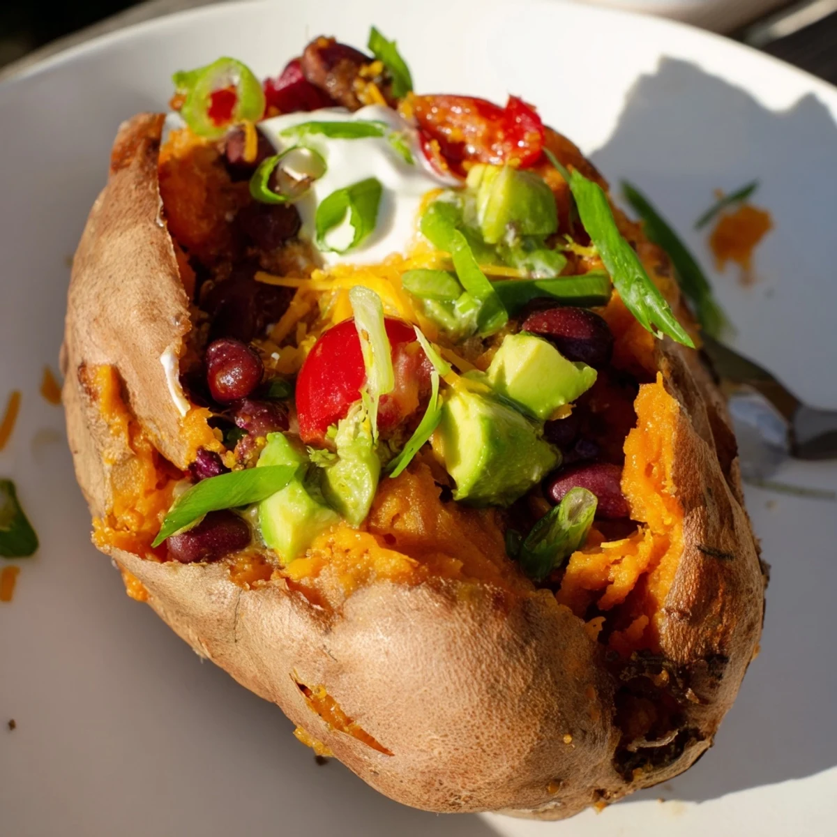Golden, steaming Loaded Baked Sweet Potatoes, brimming with beans, avocado, and cheese, ready to eat.