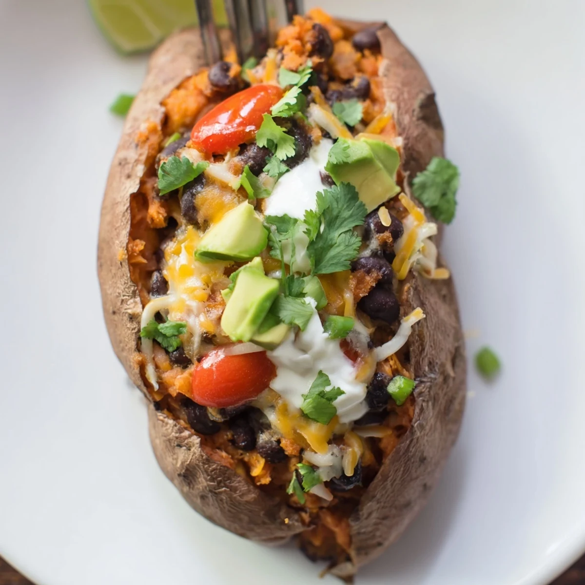 A close-up of fully loaded Baked Sweet Potatoes, showing fluffy spiced insides with fresh and colorful toppings.