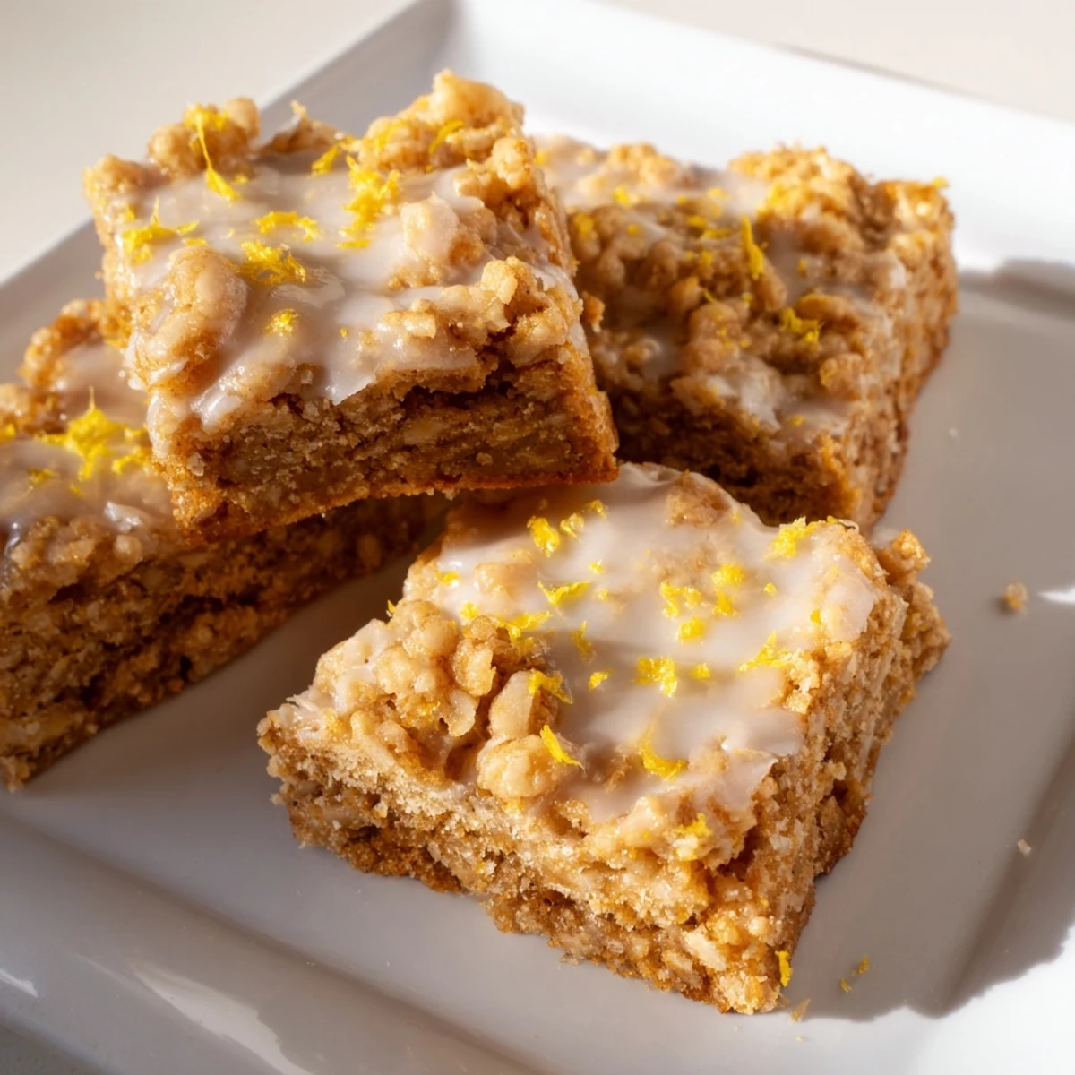 Square slices of Lemon-Glazed Gingerbread Crumble Bars, an easy dessert with a festive flavor profile.