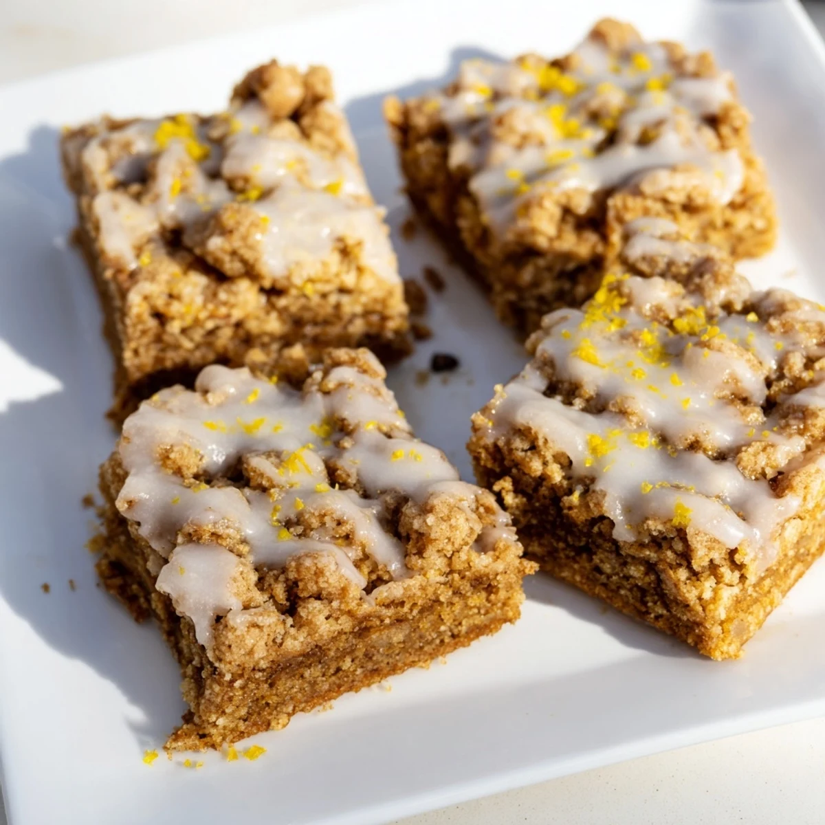 Golden, crumbly Lemon-Glazed Gingerbread Crumble Bars, drizzled with a shiny, tart lemon glaze.