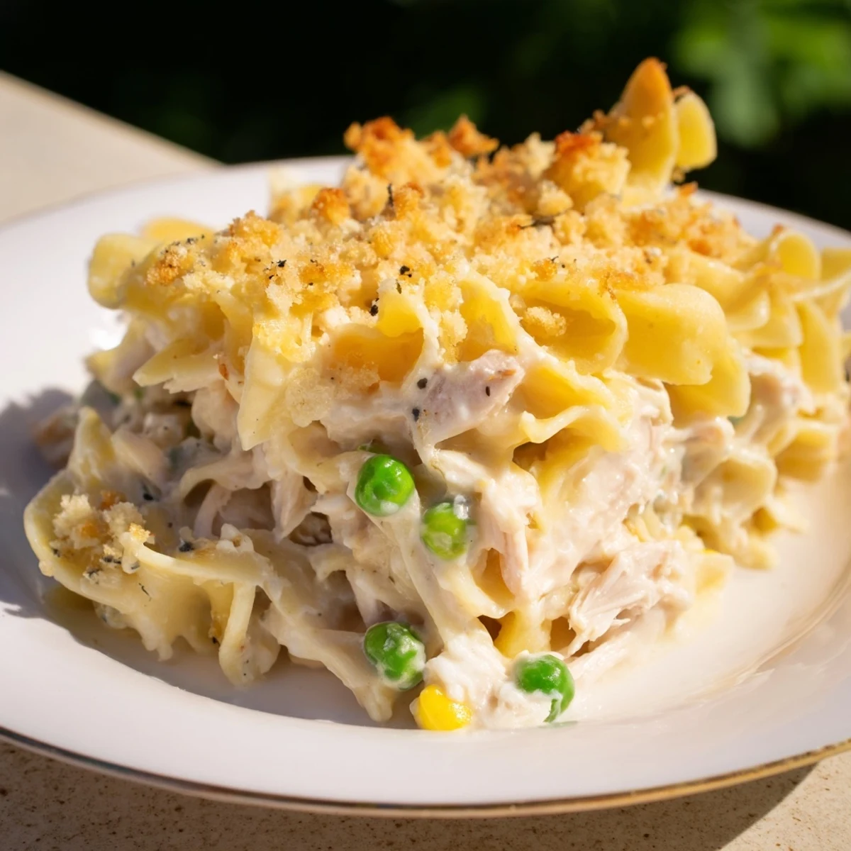 Golden, bubbly Creamy Tuna Noodle Casserole with a crispy Ritz cracker crust, ready to enjoy.