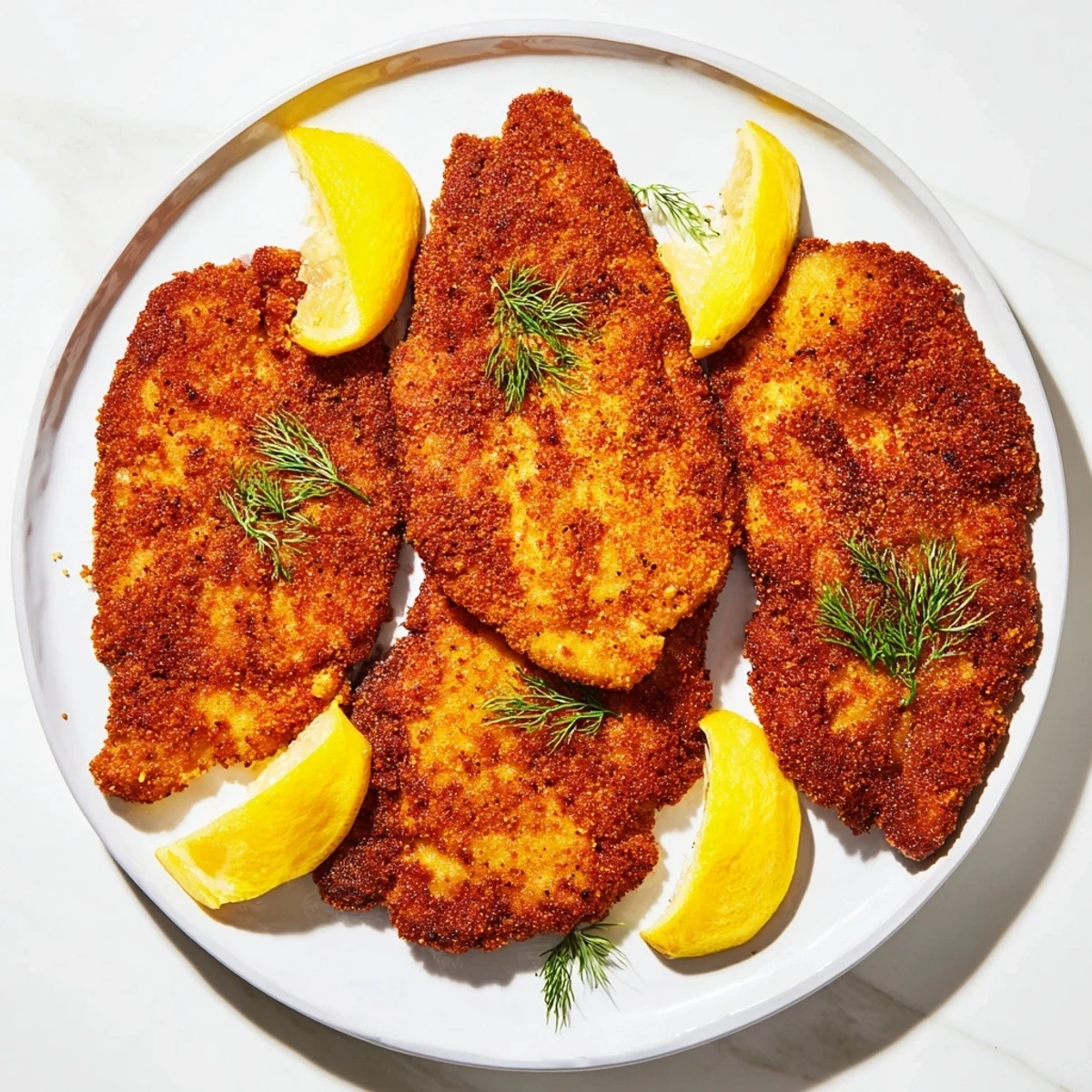 Golden, crispy Pickle-Brined Chicken Cutlets, served with fresh dill and a squeeze of lemon.