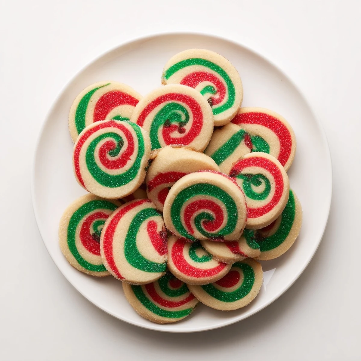 Swirling red and green Holiday Pinwheel Cookies, ready to bake, offering festive holiday flavors.
