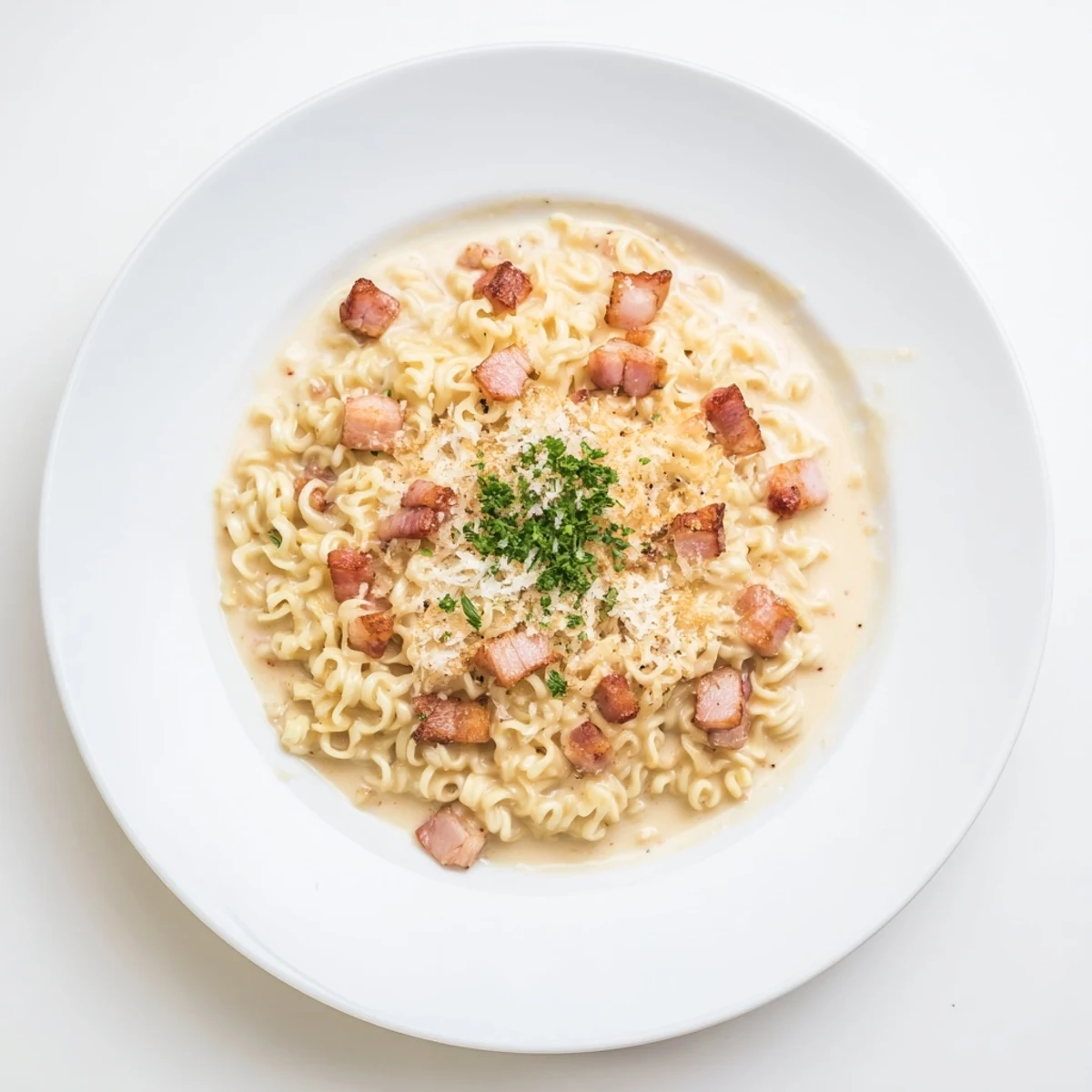 Italian-Japanese fusion Carbonara Ramen, cooked perfectly and ready for a satisfying bite.
