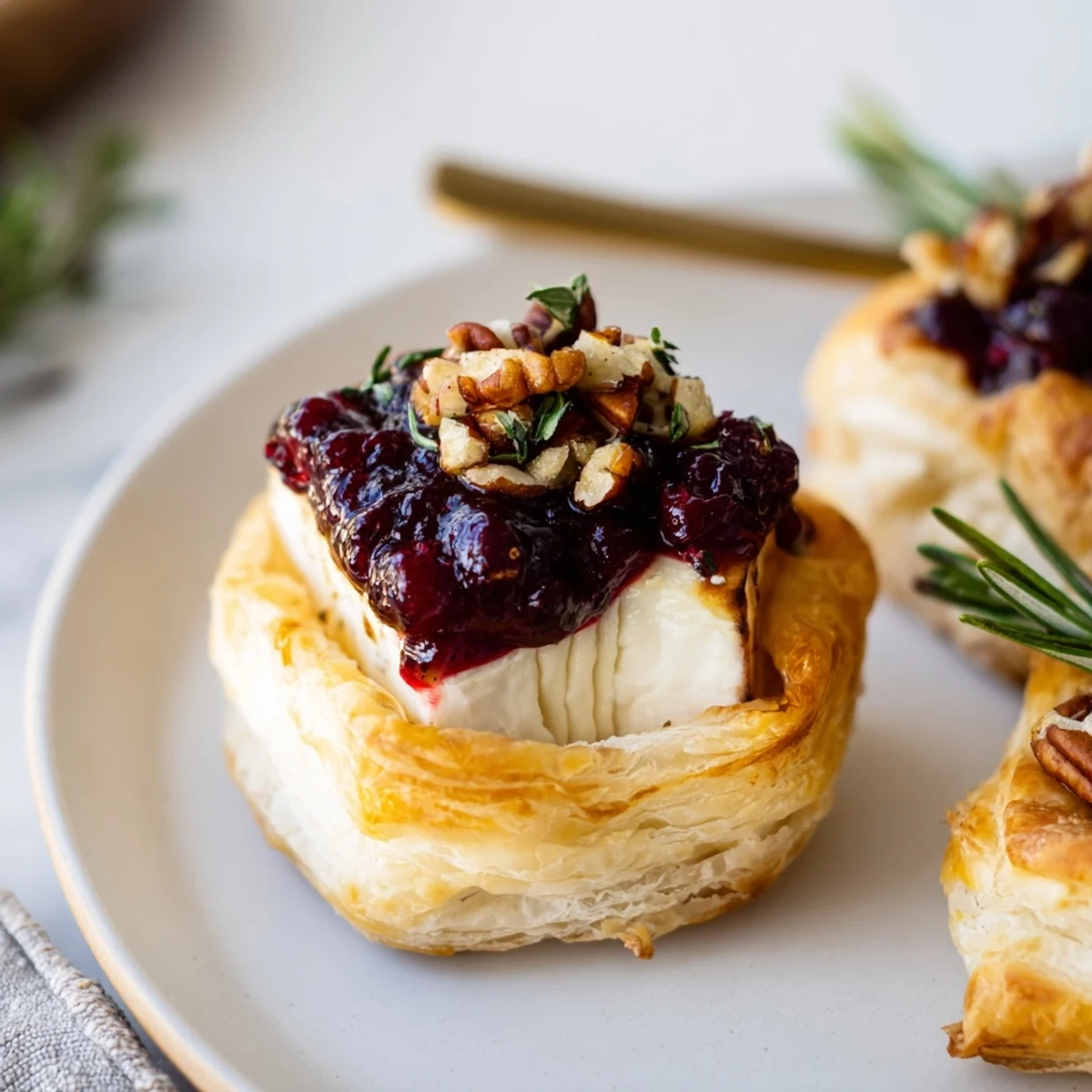 Golden, flaky Cranberry Brie Bites with melted cheese and vibrant cranberry topping, ready to serve.
