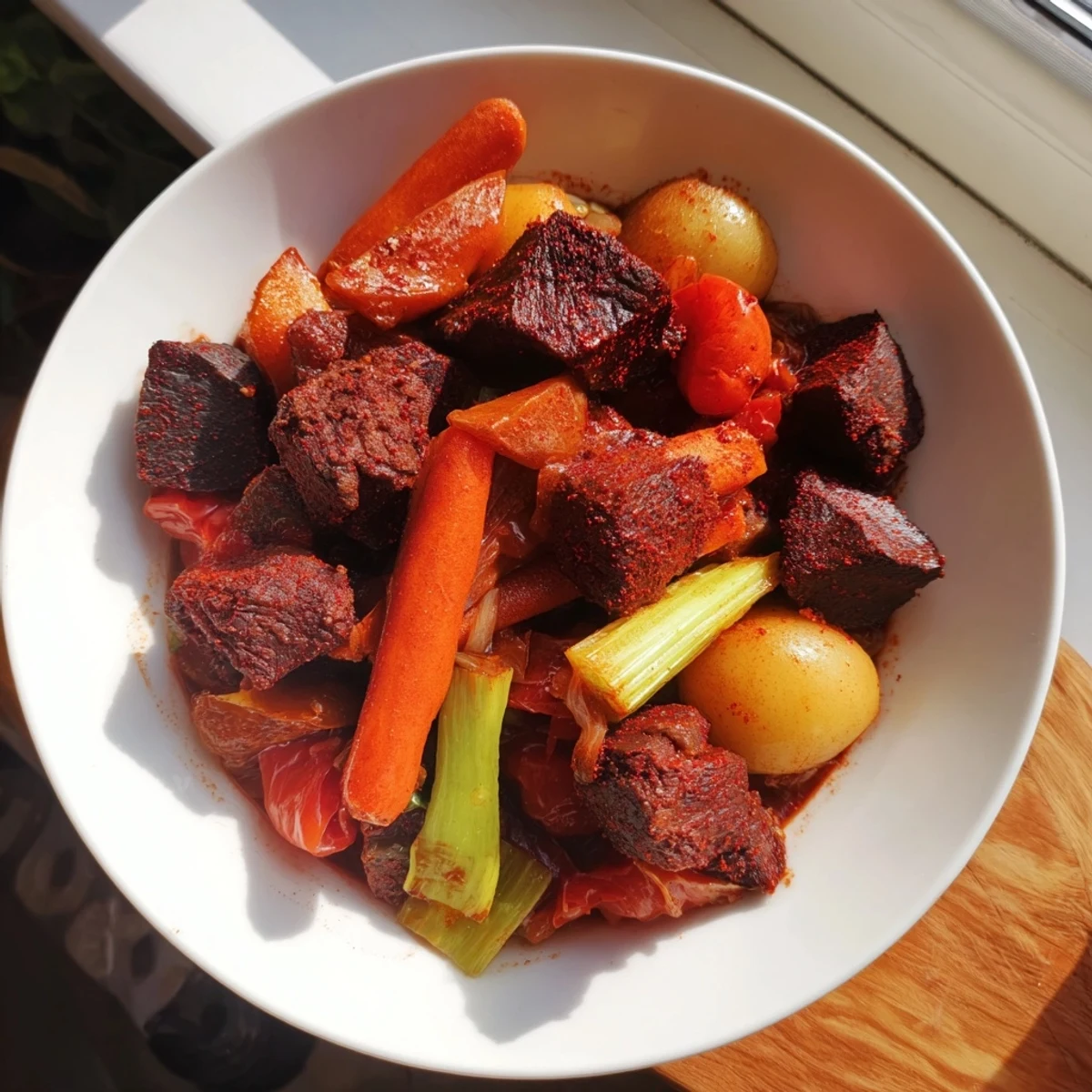 A steaming bowl of Smoked Paprika & Garlic Beef Stew with tender beef and vibrant vegetables.