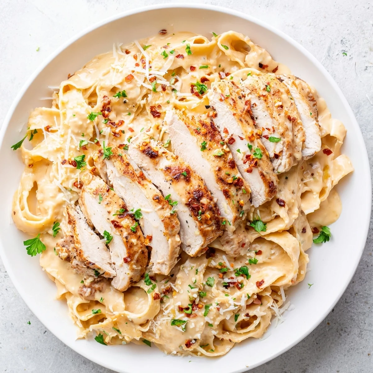 Close-up of Cajun Chicken Alfredo Fettuccine: creamy pasta with spicy chicken and fresh parsley garnish.