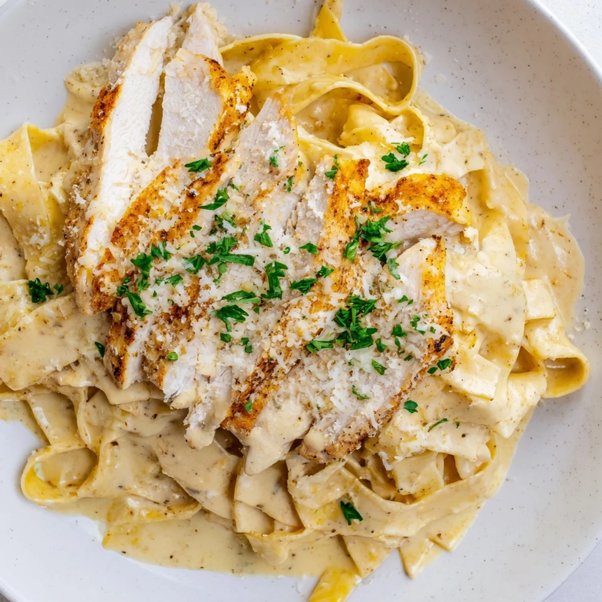 Bright photo of Cajun Chicken Alfredo Fettuccine, a flavorful meal with tender chicken and creamy sauce.