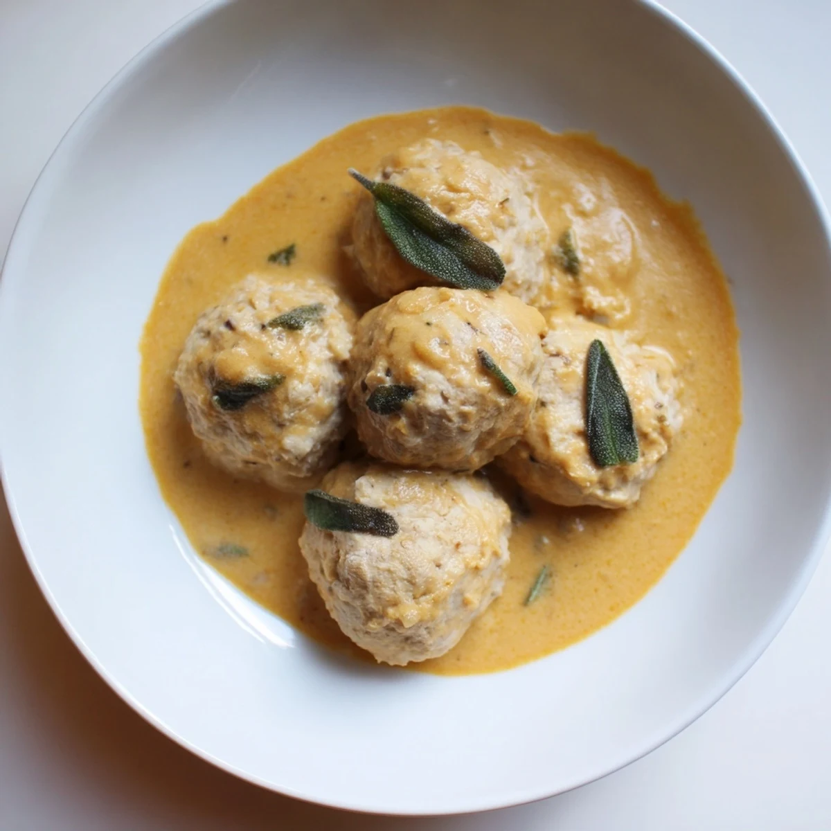 Golden brown Turkey Meatballs in Pumpkin Sage Sauce, simmering in a creamy, herb-infused gravy.