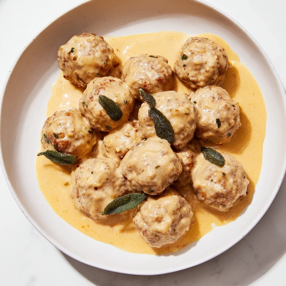 A close-up of tender Turkey Meatballs in Pumpkin Sage Sauce, a comforting autumn meal.