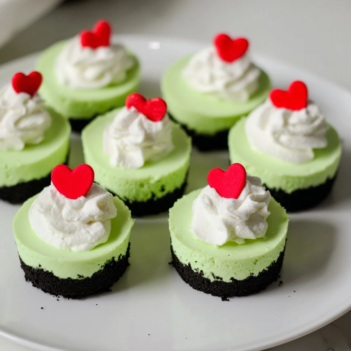 A close-up of creamy, vibrant green Grinch Mini Cheesecakes, perfect for Christmas with a red heart.