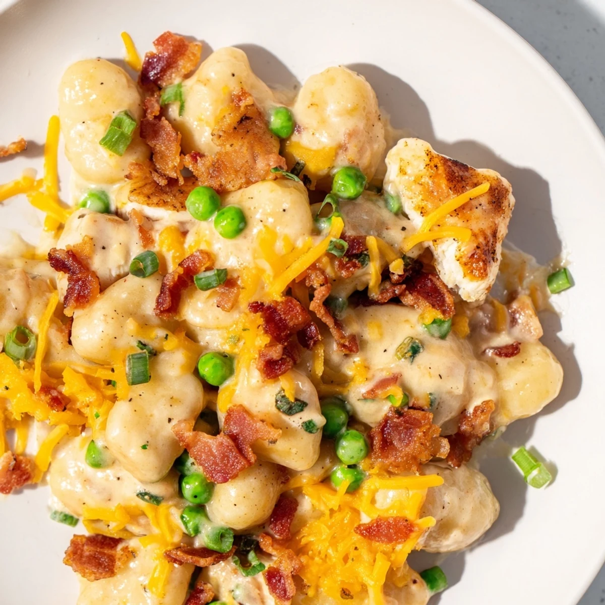 A close-up view of Creamy Crack Chicken Gnocchi shows potato gnocchi coated in a decadent, savory sauce.
