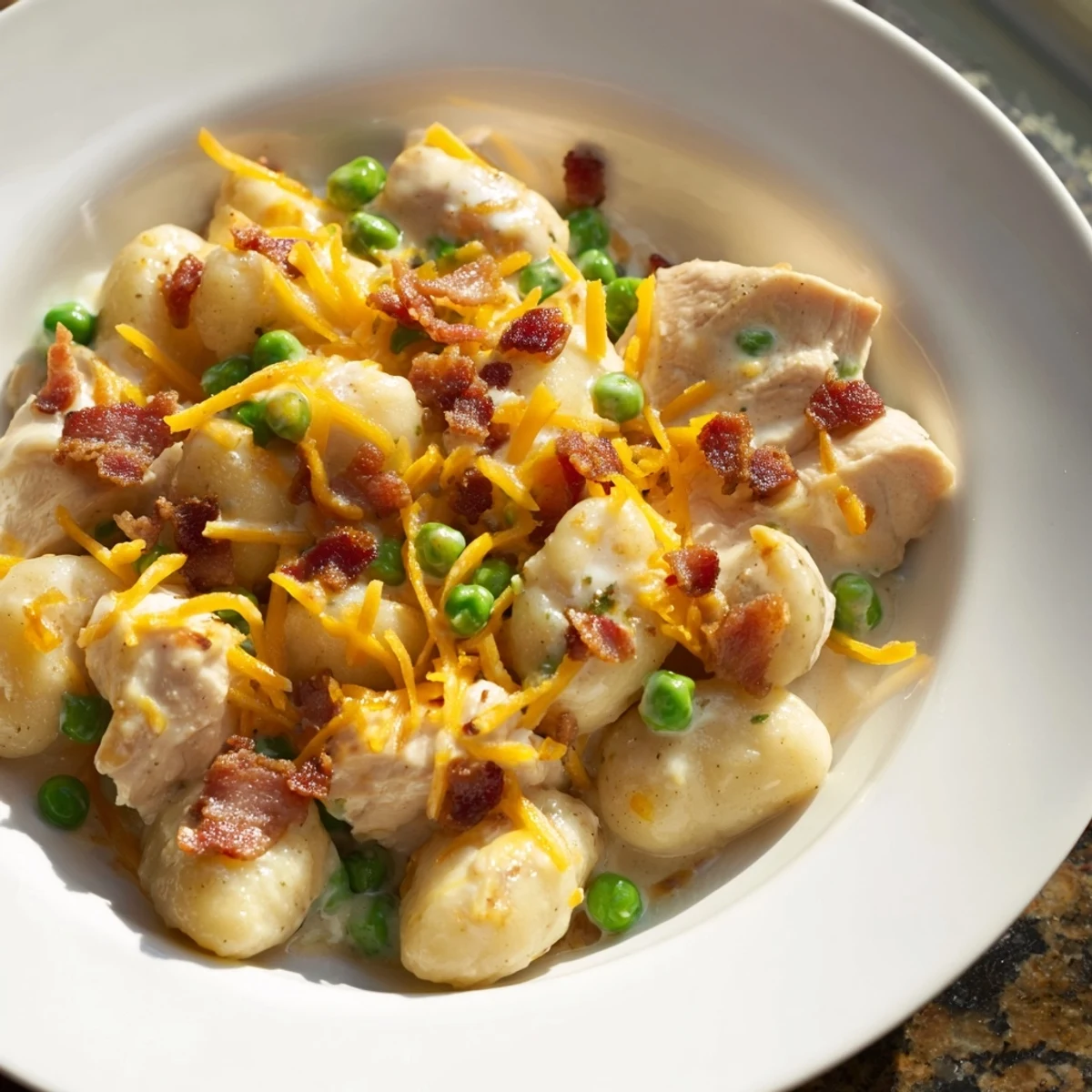 Golden chicken pieces and melted cheese blanket the creamy sauce in this Creamy Crack Chicken Gnocchi dish.
