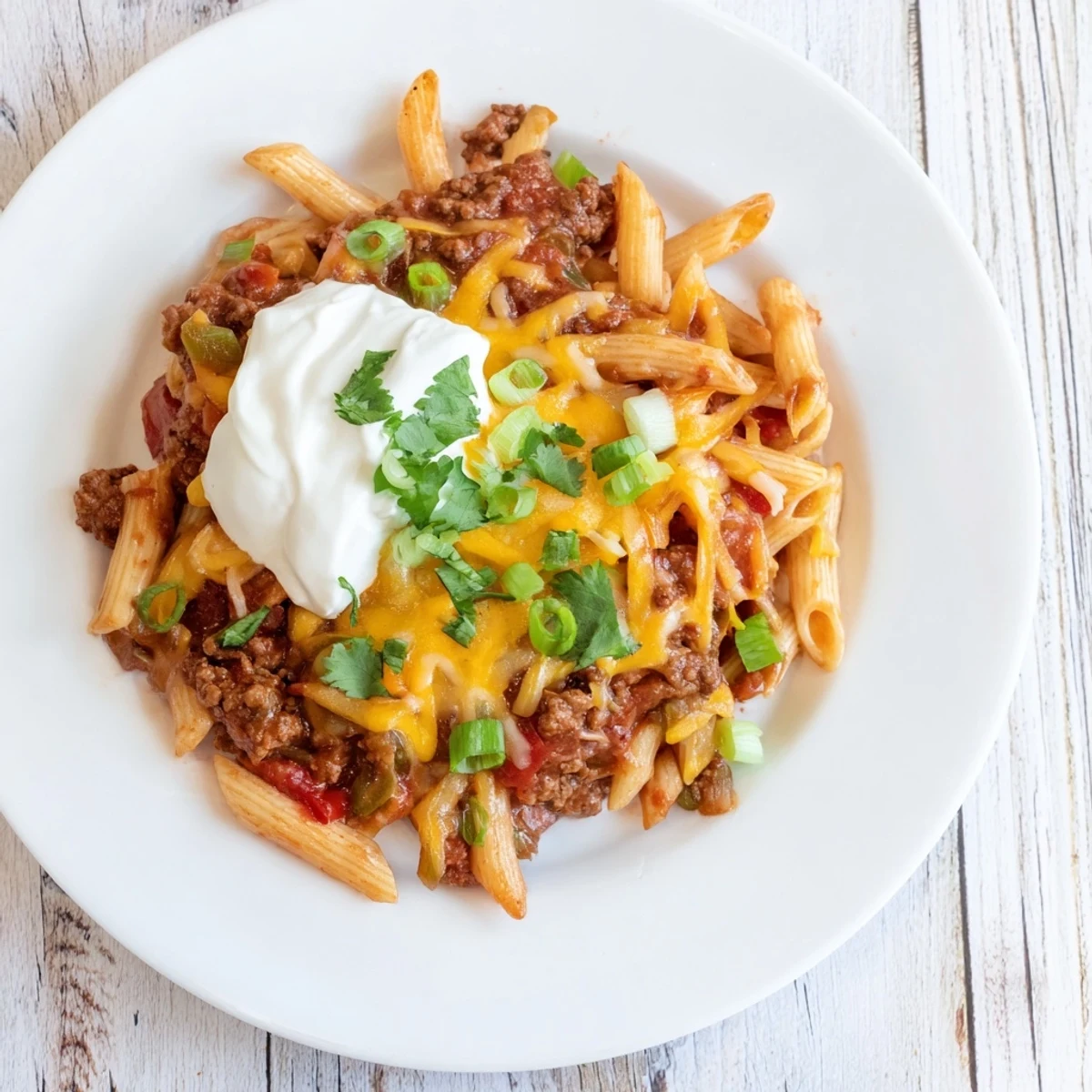 Easy Beef Enchilada Pasta, a one-pot meal, features bubbly melted cheddar cheese over savory ground beef and pasta.