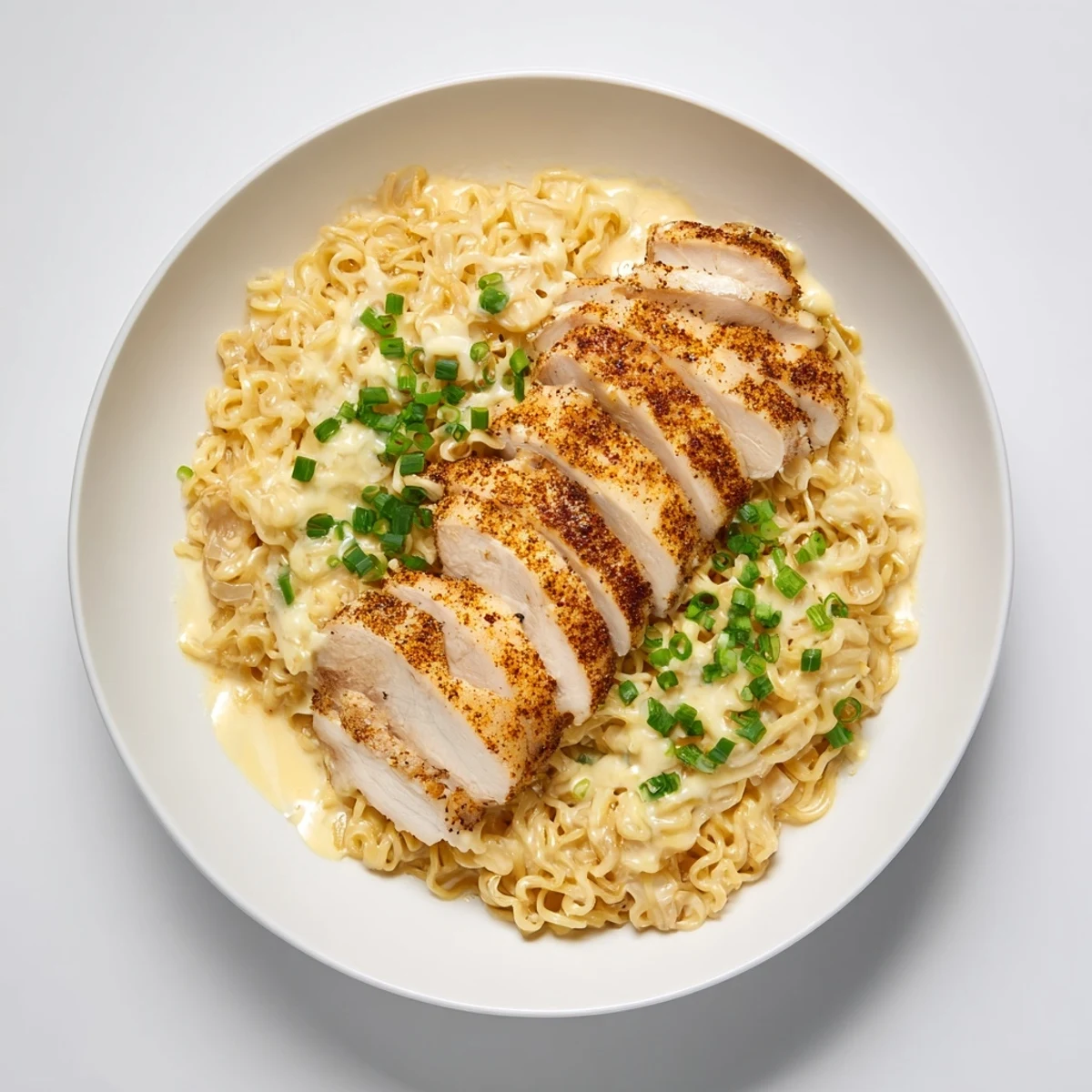 Steaming bowl of Fiery Chicken Ramen, showcasing tender chicken in a creamy garlic broth, garnished with green onions.