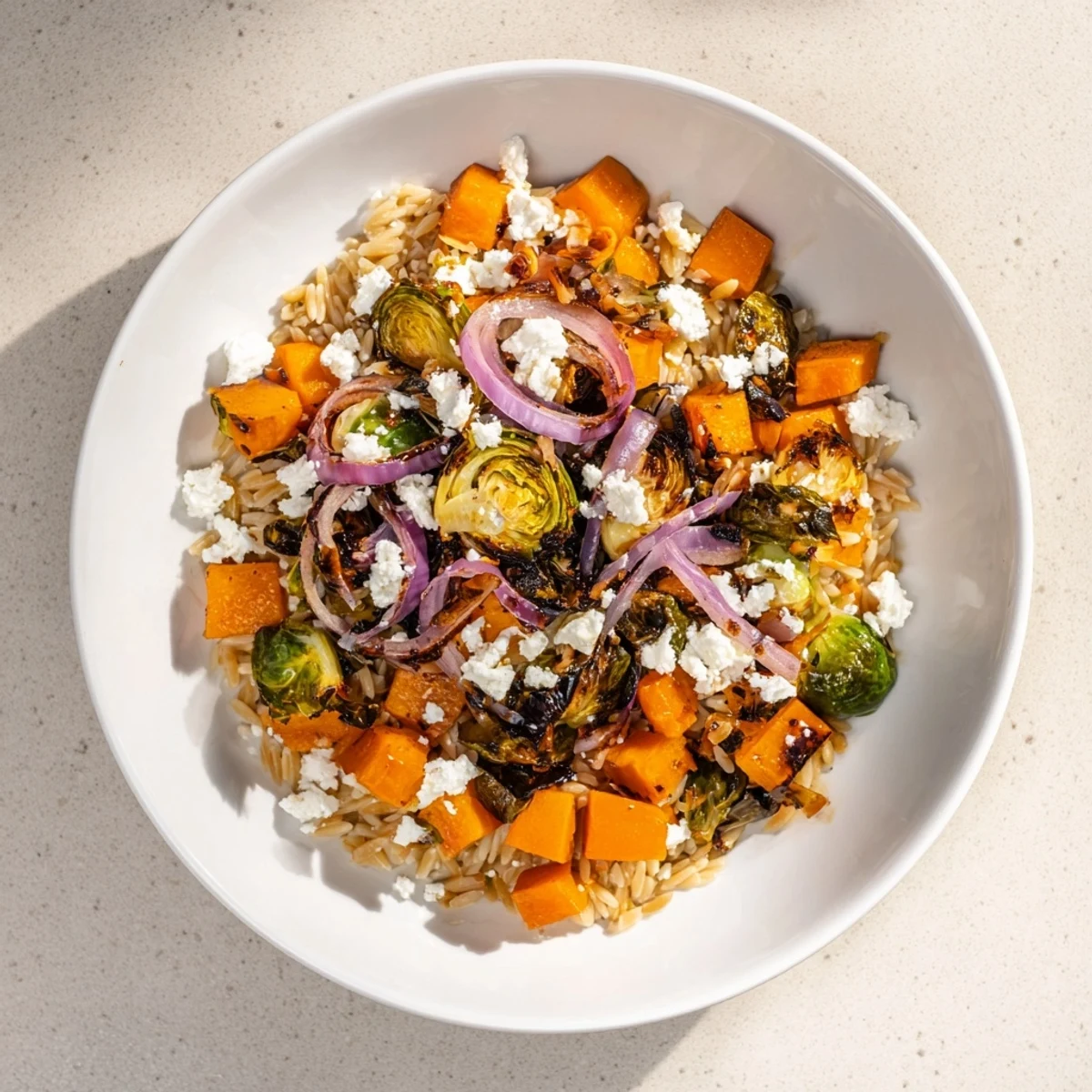 Vibrant photo of Best Fall Harvest Orzo Salad with roasted veggies and creamy goat cheese, ready to serve.