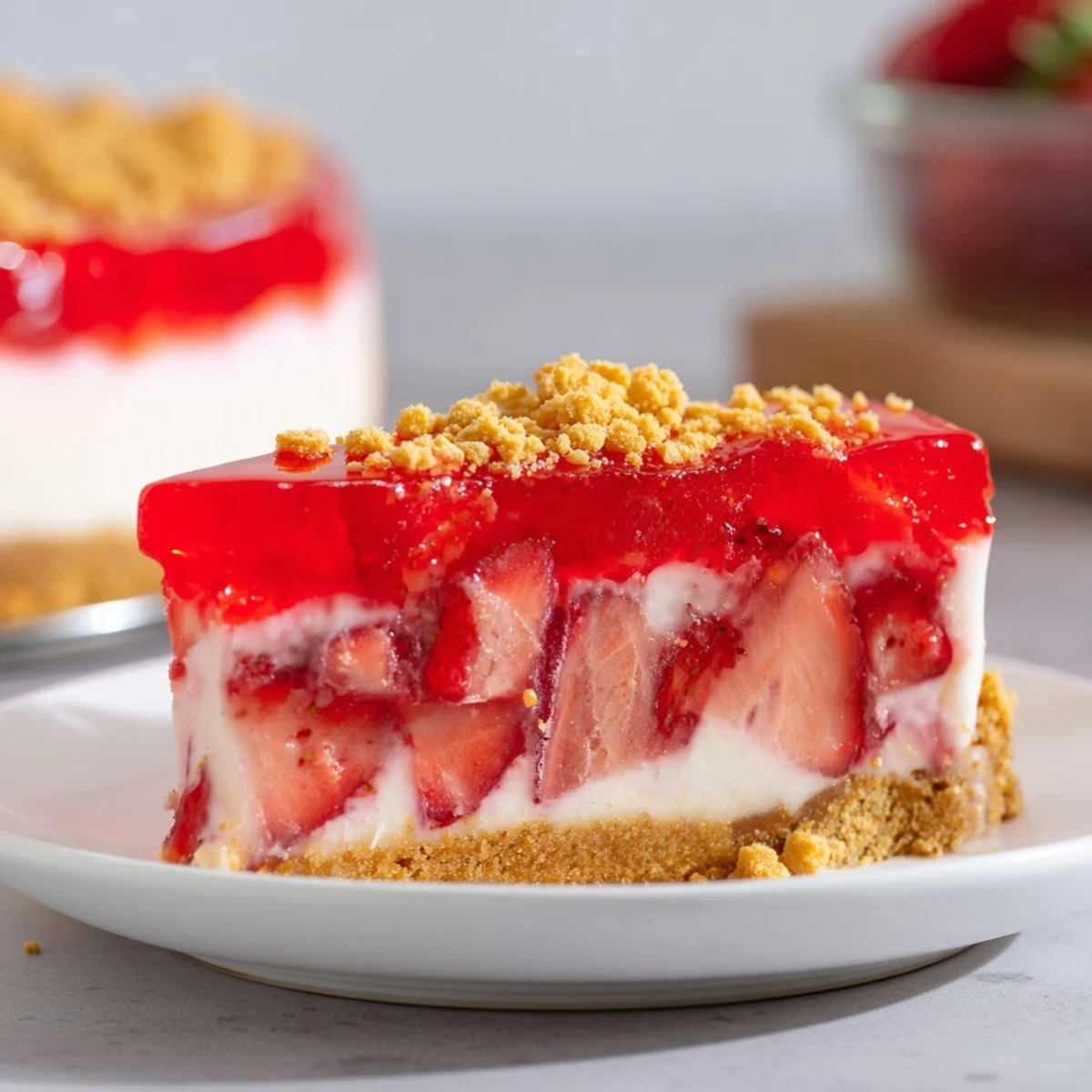 A decadent slice of Strawberry Shortcake Cheesecake with creamy layers and golden crumble.