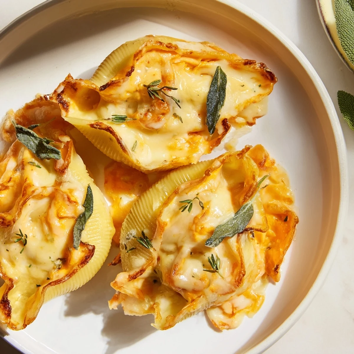 Savory Pumpkin & Gouda Stuffed Shells, bubbling golden, covered in sage-infused Alfredo sauce.