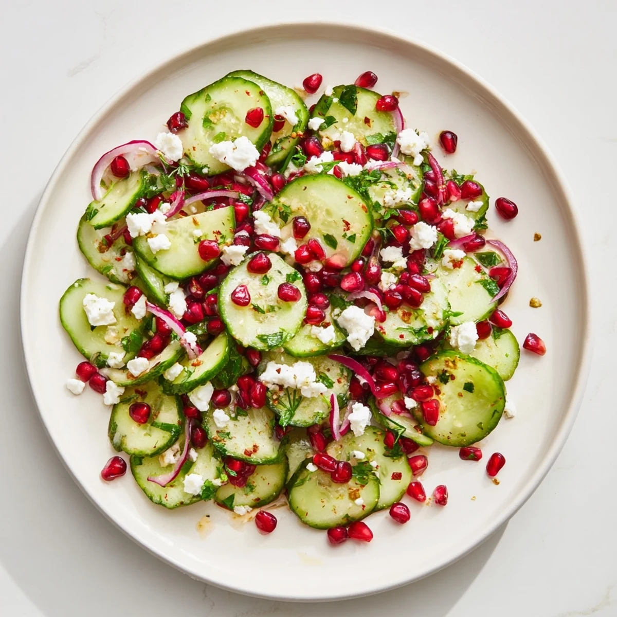Festive Healthy Cucumber Christmas Salad with bright red pomegranate seeds over a bed of crisp cucumber slices.