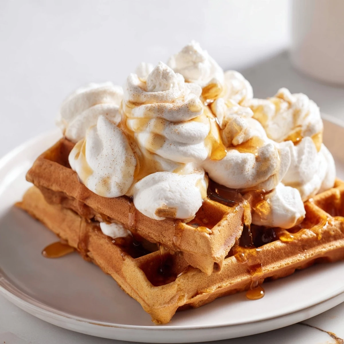 Warm gingerbread waffle stacks, golden brown and drizzled with maple syrup, ready to eat.