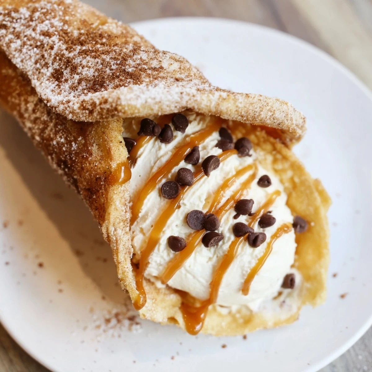 Crispy, cinnamon-sugared Quick Churro Cheesecake Cones, filled with creamy cheesecake, ready to enjoy.