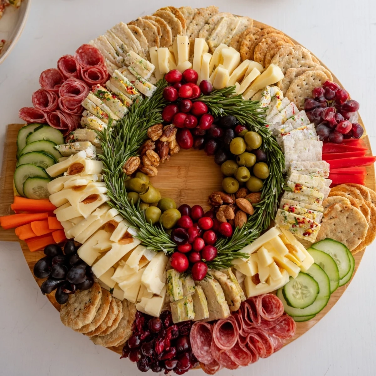 A picturesque, circular Simplified Grazing Board Wreath, brimming with colorful cheeses and charcuterie.