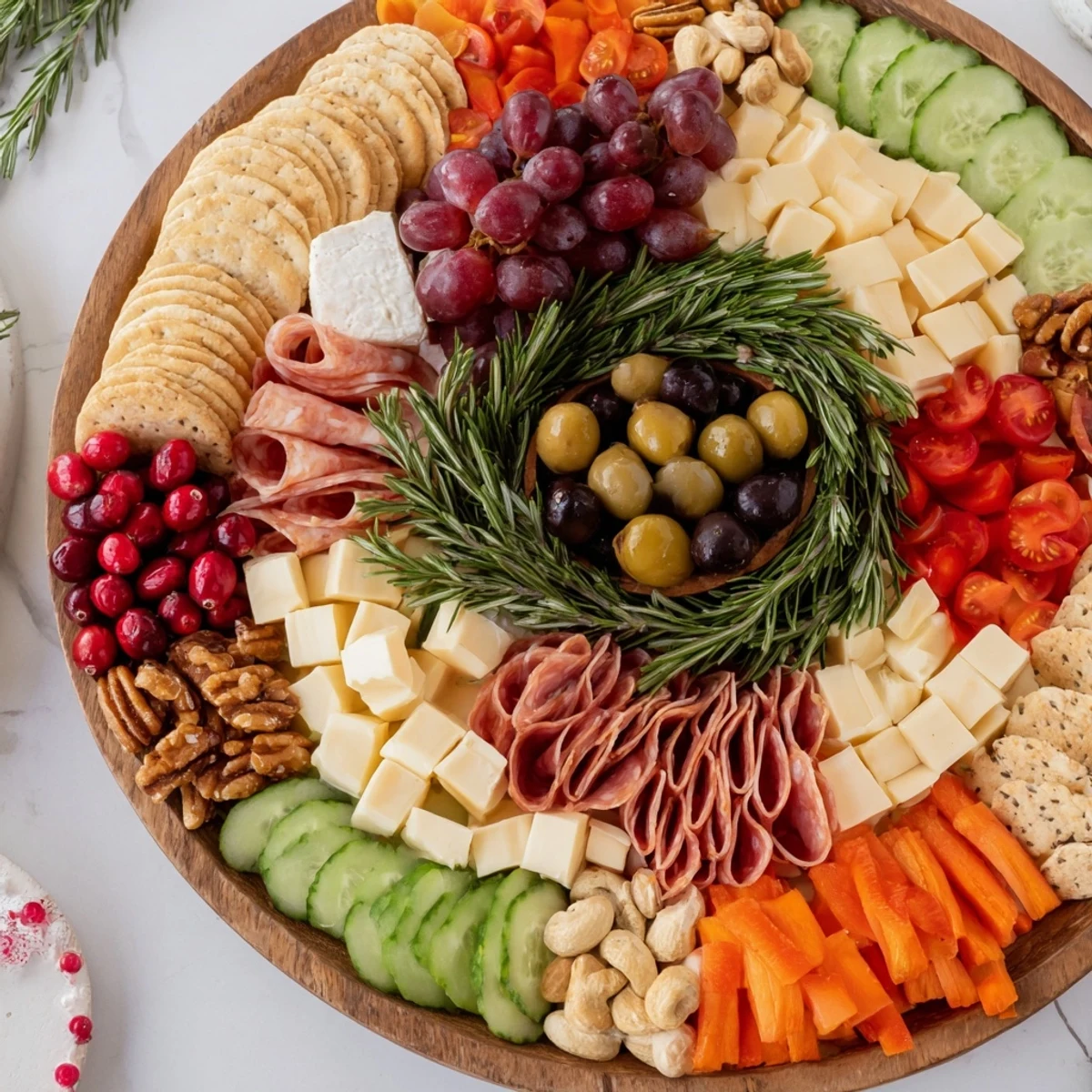 This vibrant Simplified Grazing Board Wreath shows a delicious array of appetizers ready to be enjoyed.