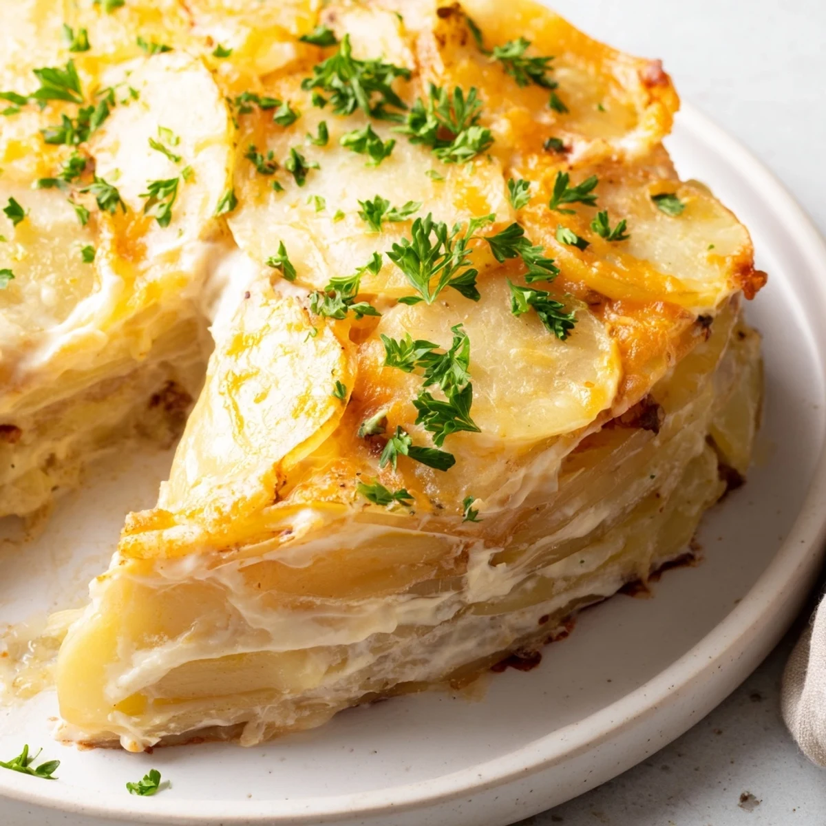Golden, bubbling Budget-Friendly Potato Layer Bake, a comforting casserole with creamy cheese and tender potatoes.