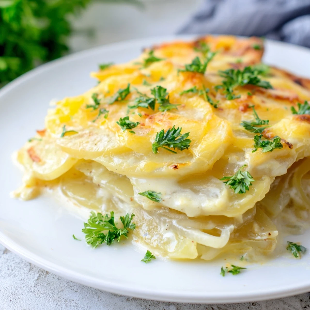 Close-up of a bubbling Budget-Friendly Potato Layer Bake, showcasing tender potatoes and melted cheese, perfect for dinner.
