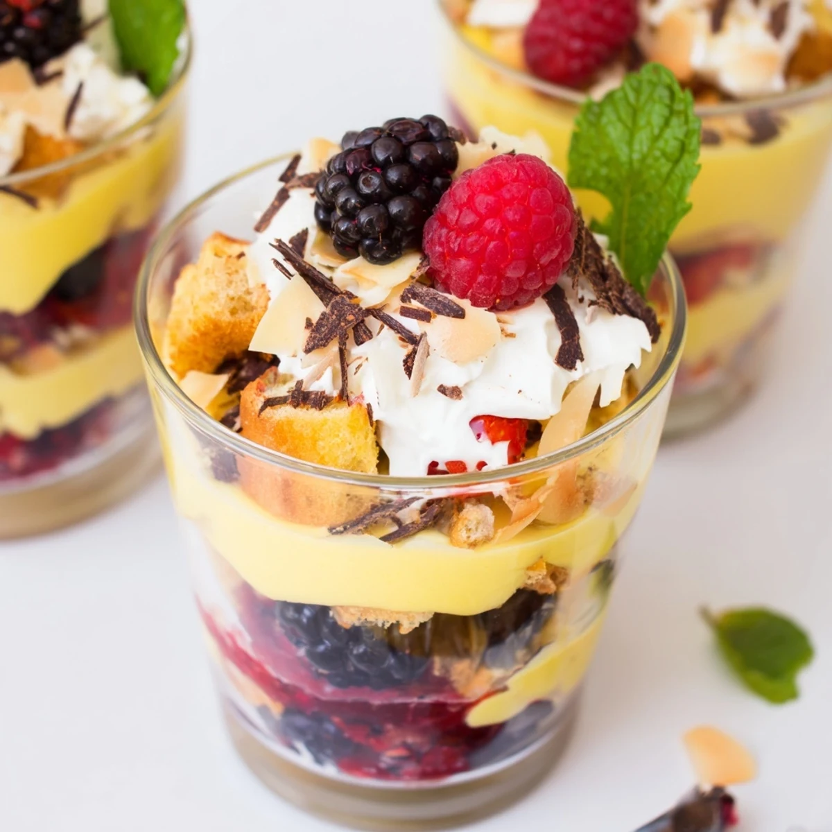 Golden-hued Simplified Christmas Trifle Cups showcasing layered berries, whipped cream, and delicious custard for enjoyment.