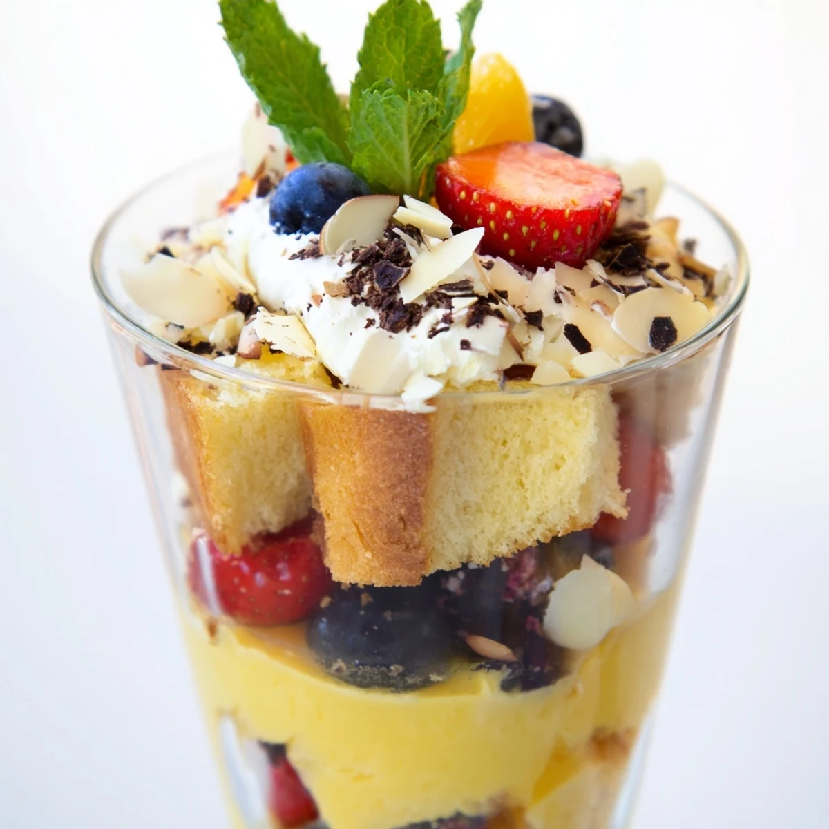 Delightful individual Simplified Christmas Trifle Cups, perfectly layered with textures and vibrant fruit toppings ready to serve.