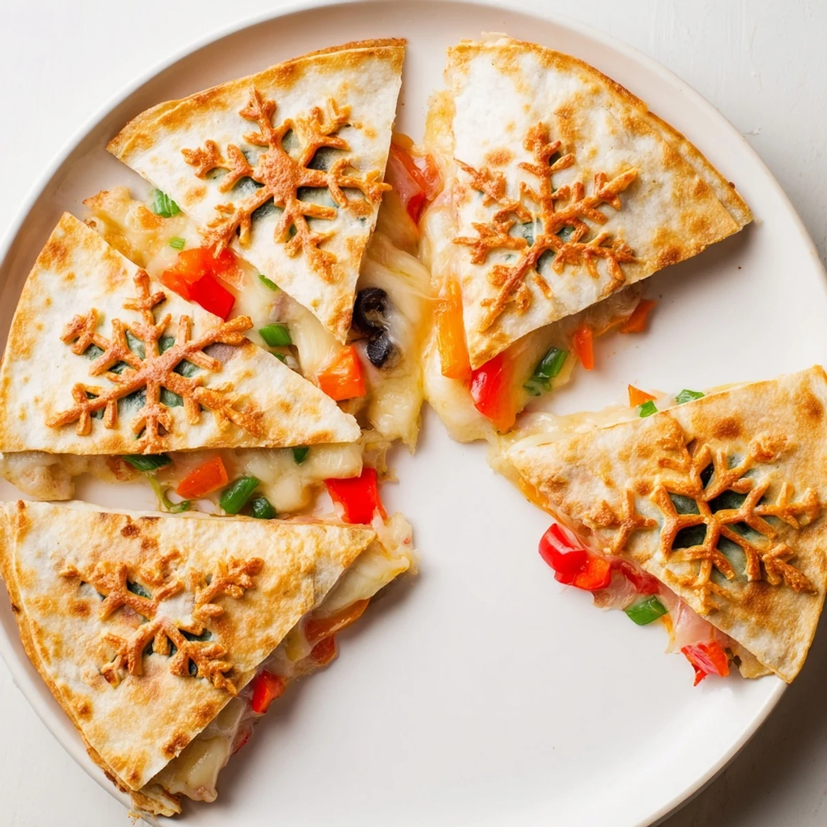 Enjoy warm Express Snowflake Quesadillas, a fast and fun Mexican-inspired meal, cut into delightful wedges.