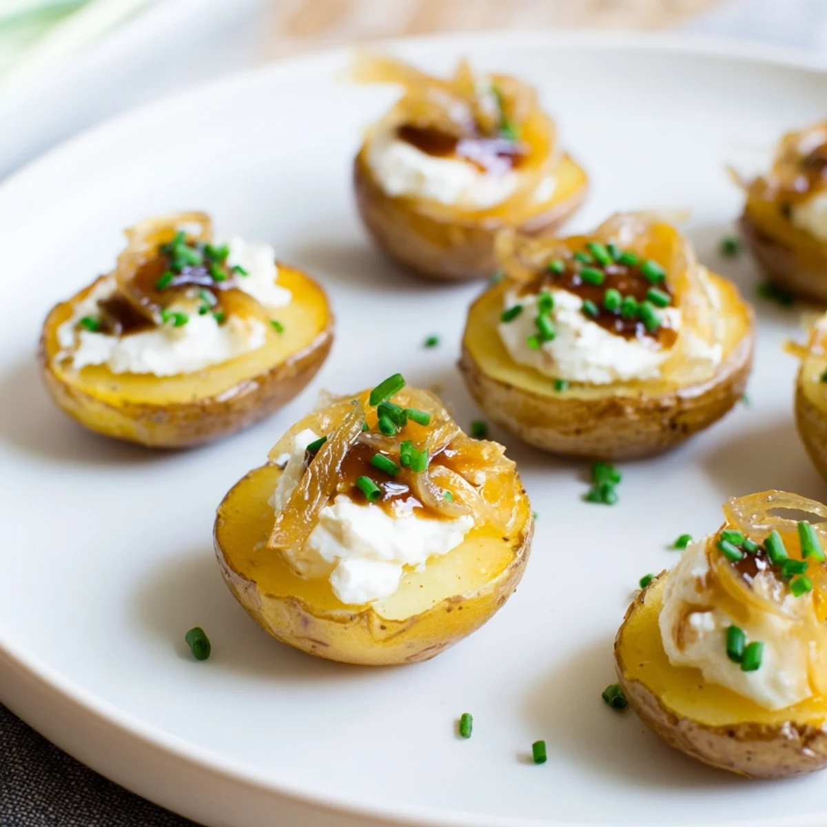 Golden, bite-sized Lightened French Onion Potato Bites are topped with savory caramelized onions and fresh chives.