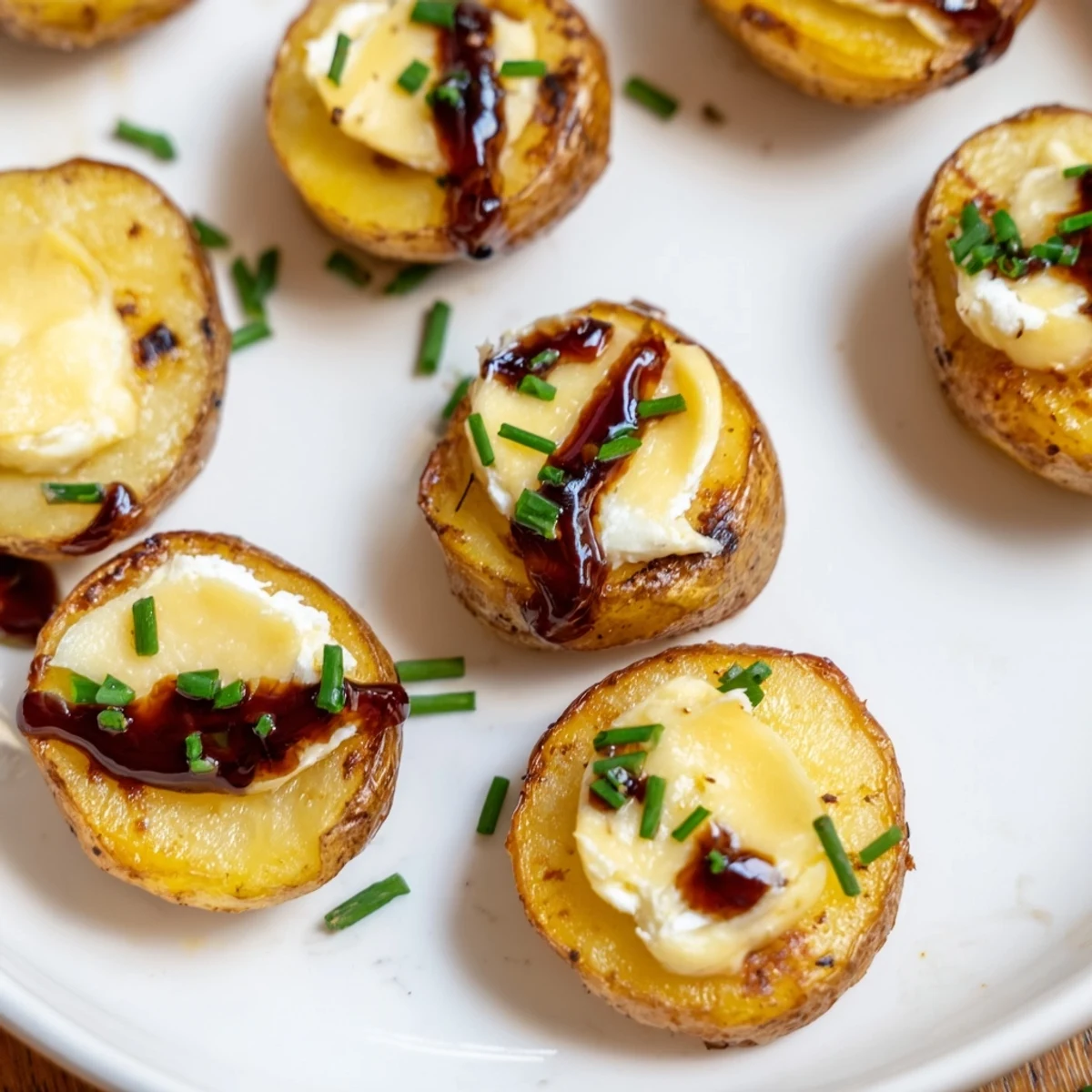 A close-up view of warm Lightened French Onion Potato Bites, perfect for a vegetarian party snack.